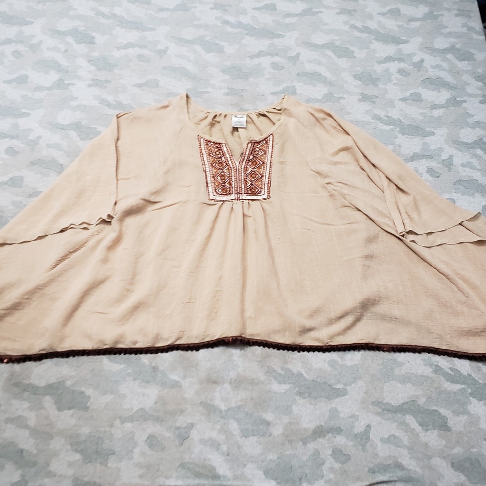 Wrangler Poncho Blouse Top Womens XL Tan Embroidered Sequin Trim Western Boho
